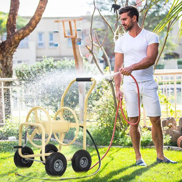 Alt view image 2 of 6 - Hose Reel Hold Up To 300 Ft Heavy Duty Garden Hose Reel Sturdy Water Hose Reel Cart with 4 Wheels Storage Basket for Garden Lawn Yard Outdoor (Tan)