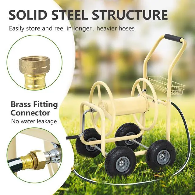 Alt view image 3 of 6 - Hose Reel Hold Up To 300 Ft Heavy Duty Garden Hose Reel Sturdy Water Hose Reel Cart with 4 Wheels Storage Basket for Garden Lawn Yard Outdoor (Tan)