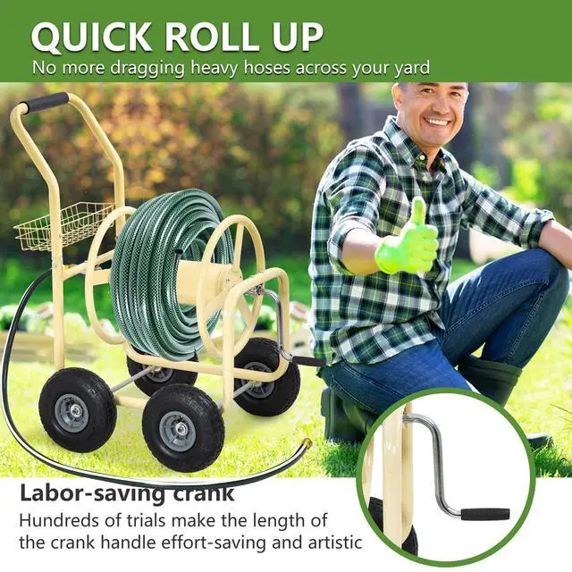 Alt view image 5 of 6 - Hose Reel Hold Up To 300 Ft Heavy Duty Garden Hose Reel Sturdy Water Hose Reel Cart with 4 Wheels Storage Basket for Garden Lawn Yard Outdoor (Tan)