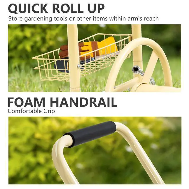 Alt view image 6 of 6 - Hose Reel Hold Up To 300 Ft Heavy Duty Garden Hose Reel Sturdy Water Hose Reel Cart with 4 Wheels Storage Basket for Garden Lawn Yard Outdoor (Tan)