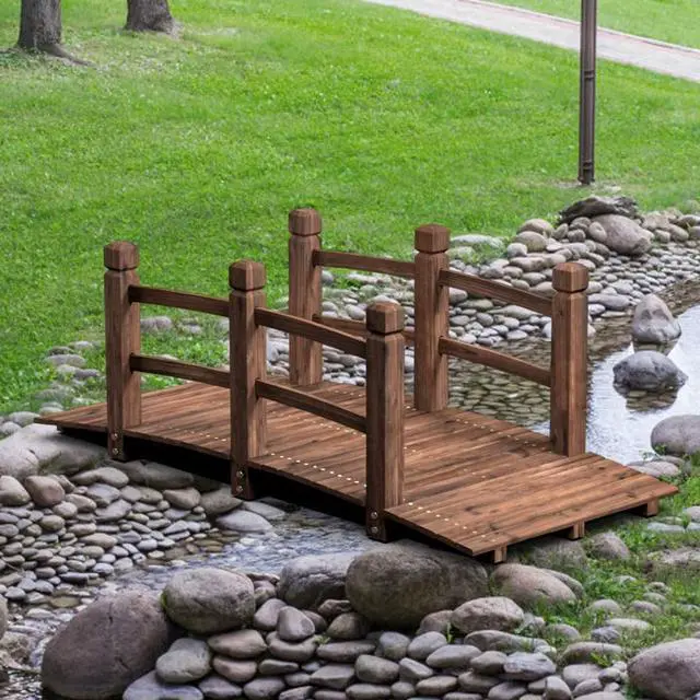 Main image of 5 FT Wooden Garden Bridge, Stained Wood Arc Footbridge with Railings, 400 lbs Capacity, Decorative Pond Bridge for Outdoor Garden Yard Backyard Creek Farm (Brown)