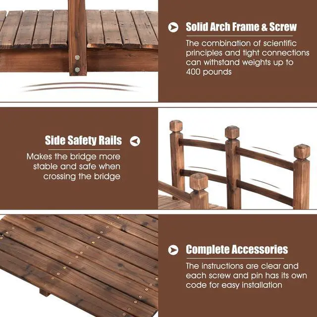 Alt view image 3 of 6 - 5 FT Wooden Garden Bridge, Stained Wood Arc Footbridge with Railings, 400 lbs Capacity, Decorative Pond Bridge for Outdoor Garden Yard Backyard Creek Farm (Brown)
