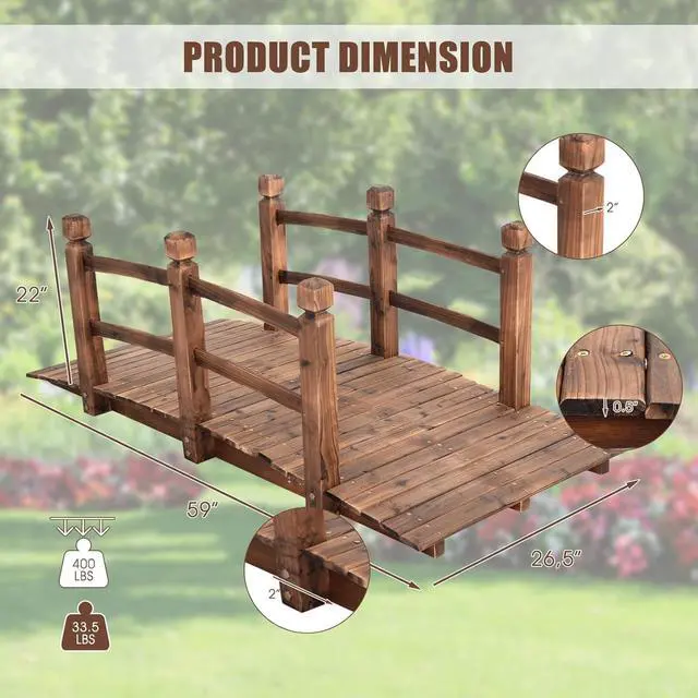 Alt view image 5 of 6 - 5 FT Wooden Garden Bridge, Stained Wood Arc Footbridge with Railings, 400 lbs Capacity, Decorative Pond Bridge for Outdoor Garden Yard Backyard Creek Farm (Brown)
