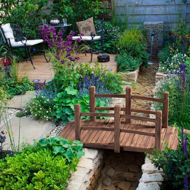 Alt view image 6 of 6 - 5 FT Wooden Garden Bridge, Stained Wood Arc Footbridge with Railings, 400 lbs Capacity, Decorative Pond Bridge for Outdoor Garden Yard Backyard Creek Farm (Brown)