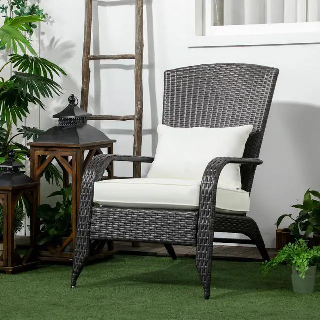 Alt view image 2 of 6 - Patio Wicker Adirondack Chair, Outdoor All-Weather Rattan Fire Pit Chair w/Soft Cushions, Tall Curved Backrest and Comfortable Armrests for Deck or Garden, Cream White