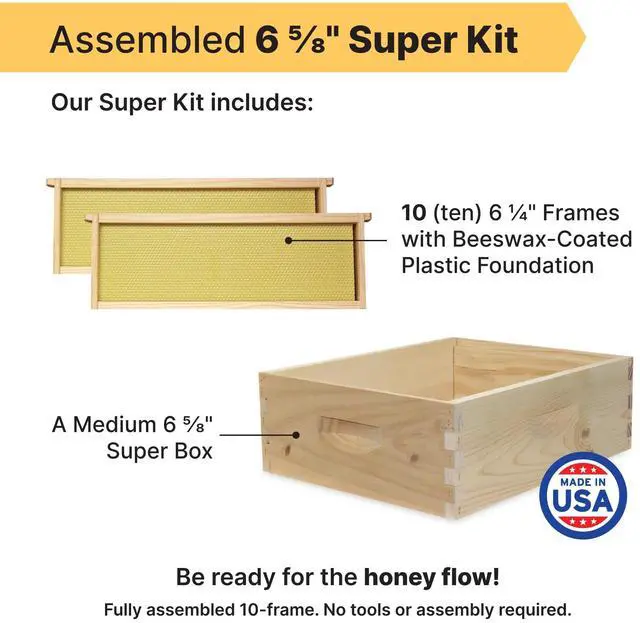 Alt view image 2 of 6 - 10-Frame Medium Super Kit, Fully Assembled 6" Super Box with 10 Durable Frames & Beeswax-Coated Plastic Foundation for Honey Storage, Beekeeping and Hive Expansion, Made in USA, Unpainted