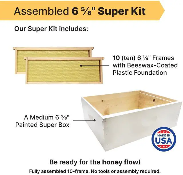 Alt view image 2 of 6 - 10-Frame Medium Super Kit, Fully Assembled 6" Super Box with 10 Durable Frames & Beeswax-Coated Plastic Foundation for Honey Storage, Beekeeping and Hive Expansion, Made in USA, Painted
