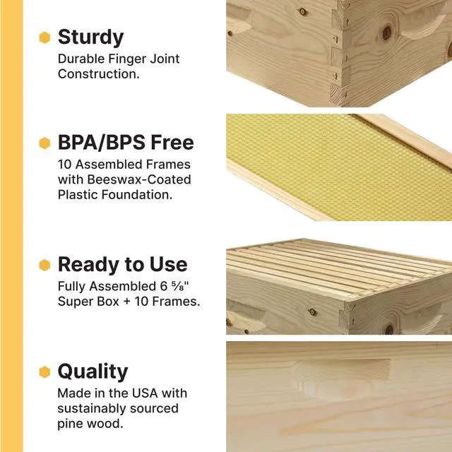 Alt view image 4 of 6 - 10-Frame Medium Super Kit, Fully Assembled 6" Super Box with 10 Durable Frames & Beeswax-Coated Plastic Foundation for Honey Storage, Beekeeping and Hive Expansion, Made in USA, Painted