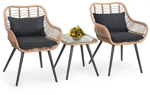Main image of 3 Piece Patio Bistro Set, Outdoor Wicker Conversation Chair Sets Balcony Furniture,Coffee Table with Glass Top, Cushions & Lumbar Pillows for Porch, Backyard, Deck, Poolside