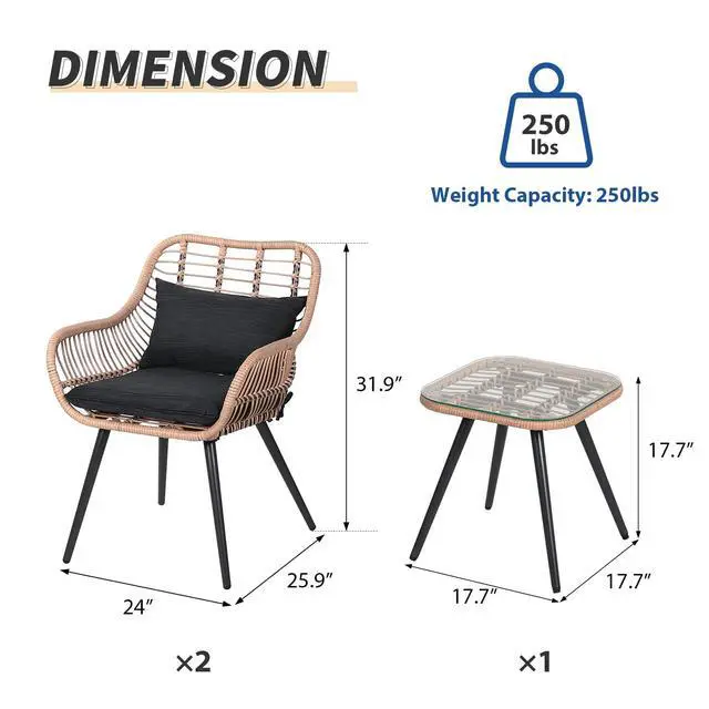 Alt view image 2 of 6 - 3 Piece Patio Bistro Set, Outdoor Wicker Conversation Chair Sets Balcony Furniture,Coffee Table with Glass Top, Cushions & Lumbar Pillows for Porch, Backyard, Deck, Poolside