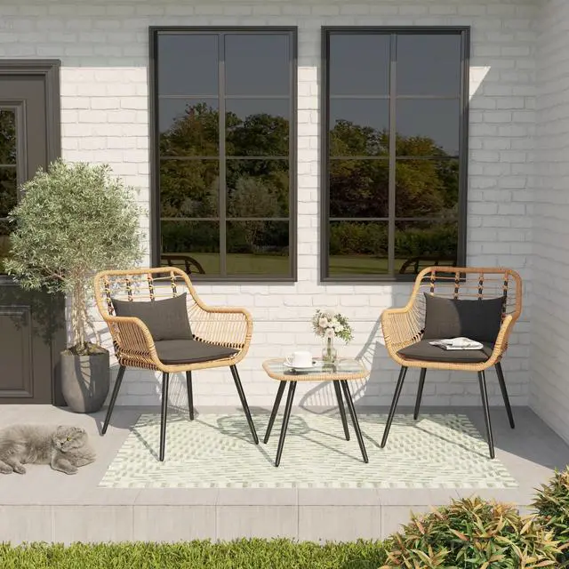 Alt view image 3 of 6 - 3 Piece Patio Bistro Set, Outdoor Wicker Conversation Chair Sets Balcony Furniture,Coffee Table with Glass Top, Cushions & Lumbar Pillows for Porch, Backyard, Deck, Poolside