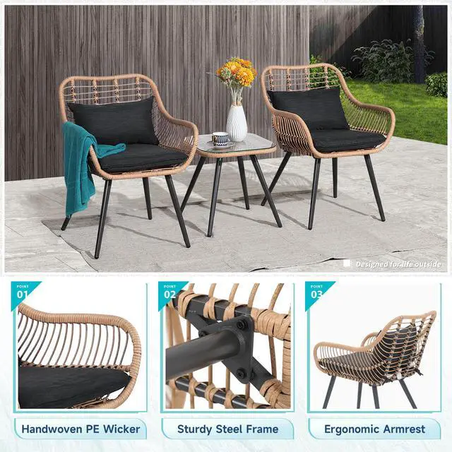 Alt view image 4 of 6 - 3 Piece Patio Bistro Set, Outdoor Wicker Conversation Chair Sets Balcony Furniture,Coffee Table with Glass Top, Cushions & Lumbar Pillows for Porch, Backyard, Deck, Poolside