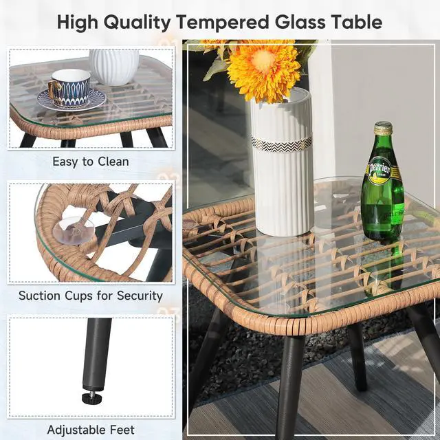 Alt view image 5 of 6 - 3 Piece Patio Bistro Set, Outdoor Wicker Conversation Chair Sets Balcony Furniture,Coffee Table with Glass Top, Cushions & Lumbar Pillows for Porch, Backyard, Deck, Poolside