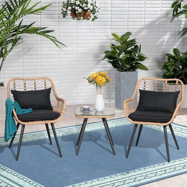 Alt view image 6 of 6 - 3 Piece Patio Bistro Set, Outdoor Wicker Conversation Chair Sets Balcony Furniture,Coffee Table with Glass Top, Cushions & Lumbar Pillows for Porch, Backyard, Deck, Poolside