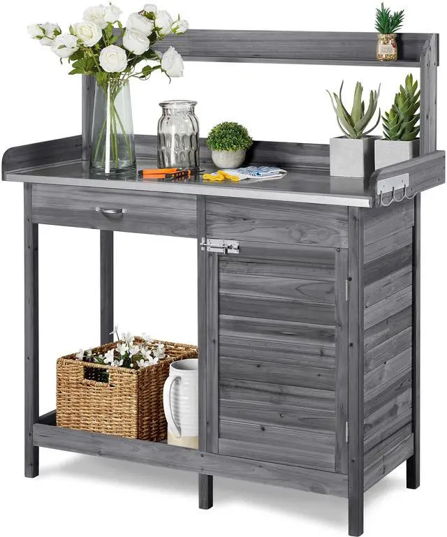 Main image of Garden Potting Bench Wooden Workstation Outdoor Wooden Potting Table W/Top Shelf & Lower Shelf & Cabinet Drawer & Open Shelf Gray
