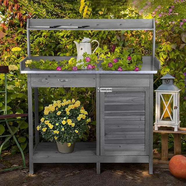 Alt view image 2 of 6 - Garden Potting Bench Wooden Workstation Outdoor Wooden Potting Table W/Top Shelf & Lower Shelf & Cabinet Drawer & Open Shelf Gray