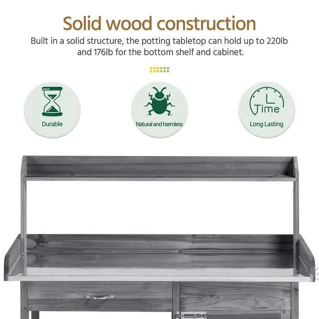 Alt view image 3 of 6 - Garden Potting Bench Wooden Workstation Outdoor Wooden Potting Table W/Top Shelf & Lower Shelf & Cabinet Drawer & Open Shelf Gray