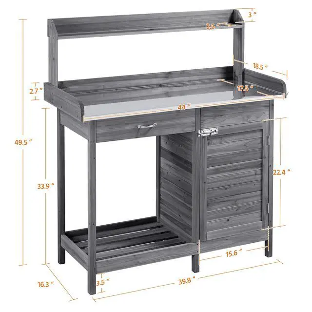 Alt view image 4 of 6 - Garden Potting Bench Wooden Workstation Outdoor Wooden Potting Table W/Top Shelf & Lower Shelf & Cabinet Drawer & Open Shelf Gray