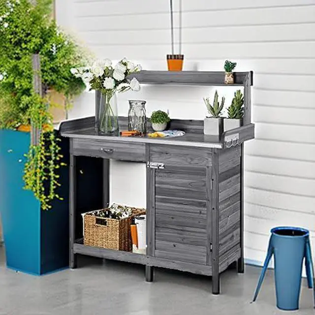 Alt view image 5 of 6 - Garden Potting Bench Wooden Workstation Outdoor Wooden Potting Table W/Top Shelf & Lower Shelf & Cabinet Drawer & Open Shelf Gray