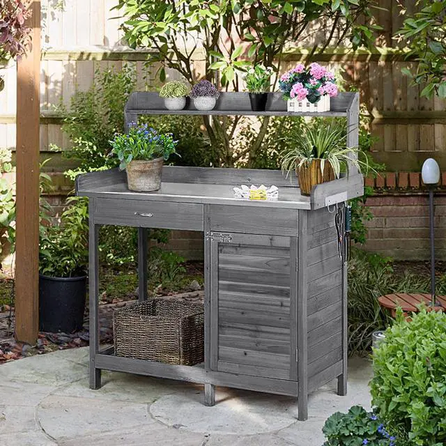 Alt view image 6 of 6 - Garden Potting Bench Wooden Workstation Outdoor Wooden Potting Table W/Top Shelf & Lower Shelf & Cabinet Drawer & Open Shelf Gray