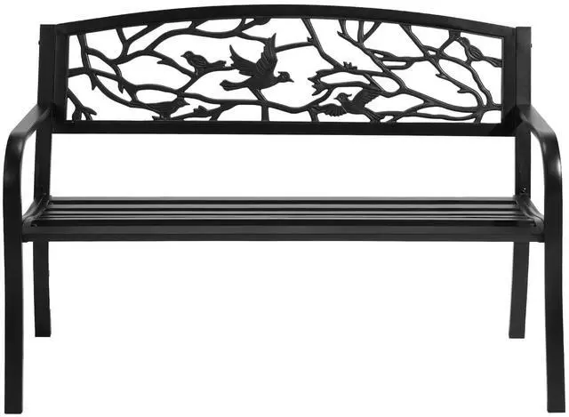 Main image of Outdoor Bench for Patio Metal Garden Bench w/PVC Back Pattern, Black Park Benches Front Porch Benches for Yard Lawn Decor Deck Entryway (Black-Bird)