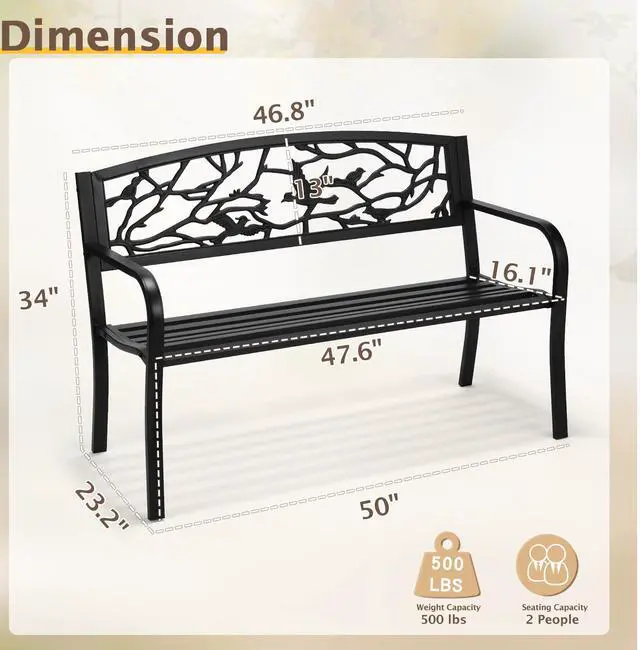 Alt view image 3 of 6 - Outdoor Bench for Patio Metal Garden Bench w/PVC Back Pattern, Black Park Benches Front Porch Benches for Yard Lawn Decor Deck Entryway (Black-Bird)