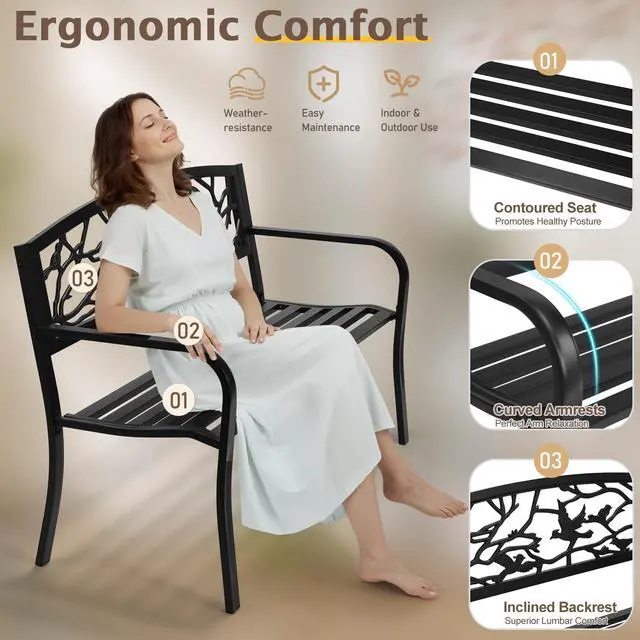 Alt view image 4 of 6 - Outdoor Bench for Patio Metal Garden Bench w/PVC Back Pattern, Black Park Benches Front Porch Benches for Yard Lawn Decor Deck Entryway (Black-Bird)