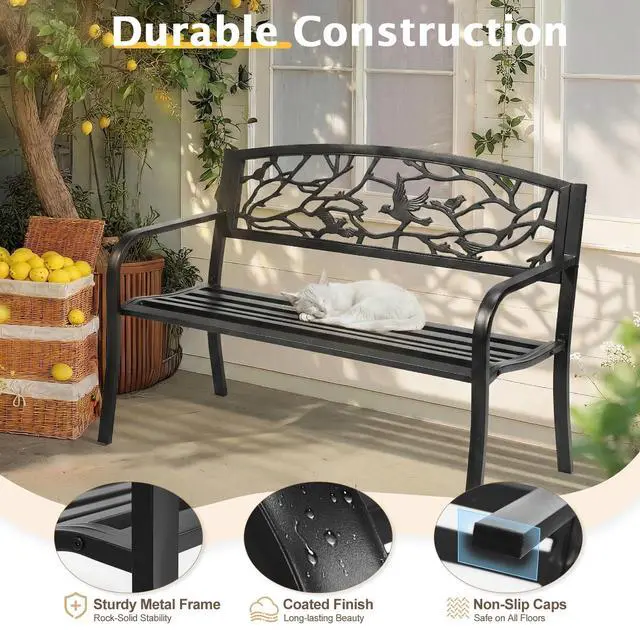 Alt view image 5 of 6 - Outdoor Bench for Patio Metal Garden Bench w/PVC Back Pattern, Black Park Benches Front Porch Benches for Yard Lawn Decor Deck Entryway (Black-Bird)