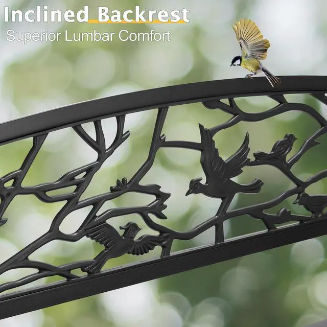 Alt view image 6 of 6 - Outdoor Bench for Patio Metal Garden Bench w/PVC Back Pattern, Black Park Benches Front Porch Benches for Yard Lawn Decor Deck Entryway (Black-Bird)