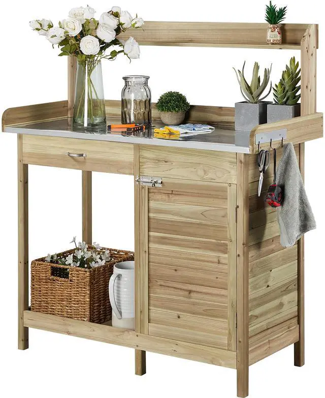 Main image of Garden Potting Bench Potting Table ACQ Lumber Wood Outdoor Work Station Work Bench Planting with Cabinet & Drawer & Top Shelf & Lower Shelf Light Green