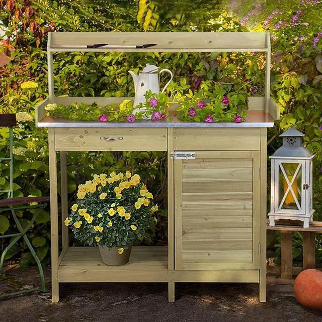 Alt view image 2 of 6 - Garden Potting Bench Potting Table ACQ Lumber Wood Outdoor Work Station Work Bench Planting with Cabinet & Drawer & Top Shelf & Lower Shelf Light Green