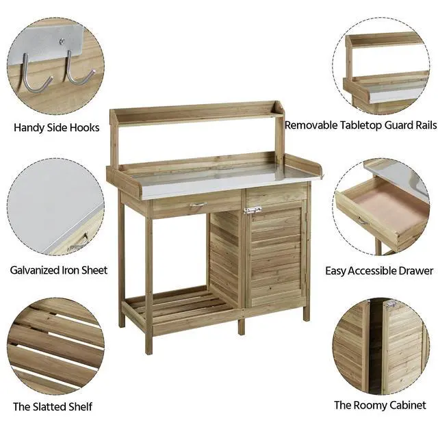 Alt view image 3 of 6 - Garden Potting Bench Potting Table ACQ Lumber Wood Outdoor Work Station Work Bench Planting with Cabinet & Drawer & Top Shelf & Lower Shelf Light Green