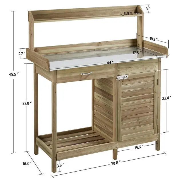 Alt view image 4 of 6 - Garden Potting Bench Potting Table ACQ Lumber Wood Outdoor Work Station Work Bench Planting with Cabinet & Drawer & Top Shelf & Lower Shelf Light Green