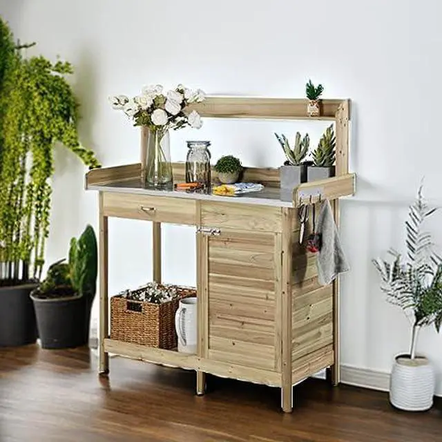 Alt view image 5 of 6 - Garden Potting Bench Potting Table ACQ Lumber Wood Outdoor Work Station Work Bench Planting with Cabinet & Drawer & Top Shelf & Lower Shelf Light Green