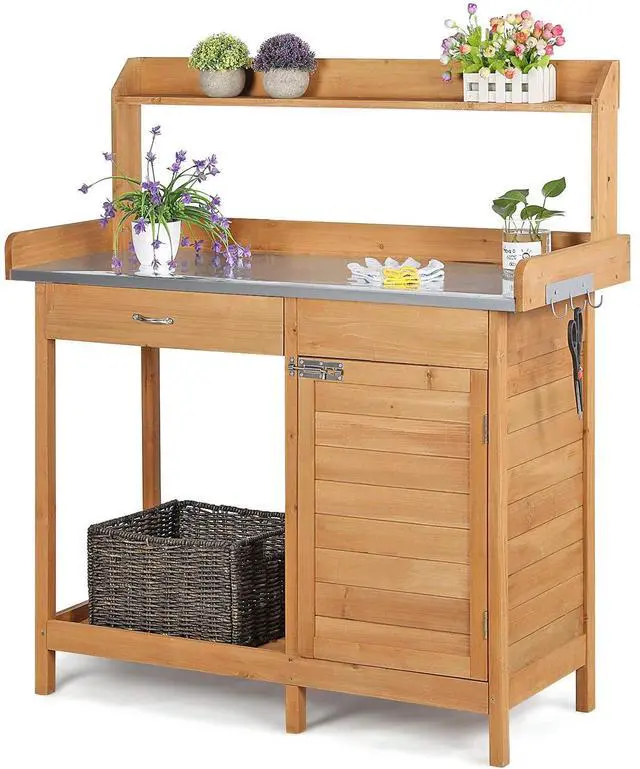 Main image of Outdoor Potting Bench Table Work Station Garden Planting with Cabinet & Drawer & Top Shelf & Lower Shelf Natural Wood