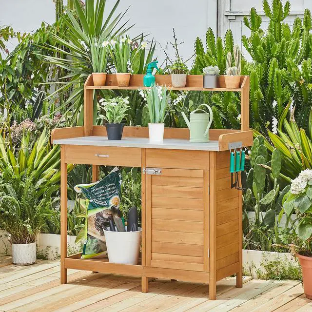 Alt view image 2 of 6 - Outdoor Potting Bench Table Work Station Garden Planting with Cabinet & Drawer & Top Shelf & Lower Shelf Natural Wood