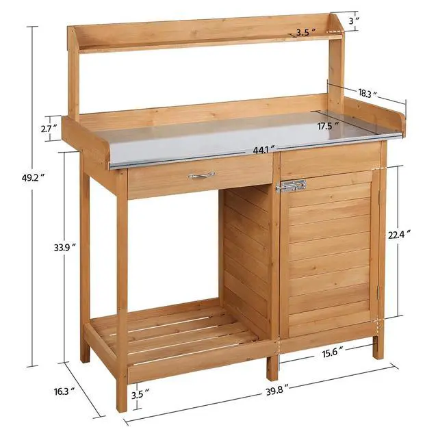 Alt view image 3 of 6 - Outdoor Potting Bench Table Work Station Garden Planting with Cabinet & Drawer & Top Shelf & Lower Shelf Natural Wood