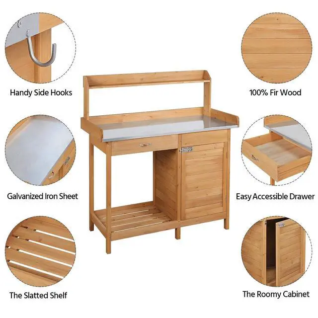 Alt view image 4 of 6 - Outdoor Potting Bench Table Work Station Garden Planting with Cabinet & Drawer & Top Shelf & Lower Shelf Natural Wood
