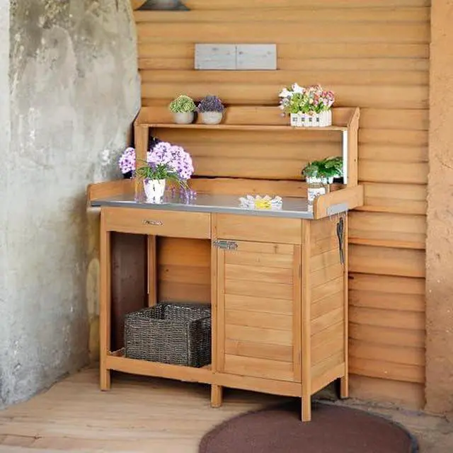 Alt view image 5 of 6 - Outdoor Potting Bench Table Work Station Garden Planting with Cabinet & Drawer & Top Shelf & Lower Shelf Natural Wood