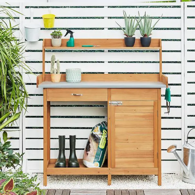 Alt view image 6 of 6 - Outdoor Potting Bench Table Work Station Garden Planting with Cabinet & Drawer & Top Shelf & Lower Shelf Natural Wood