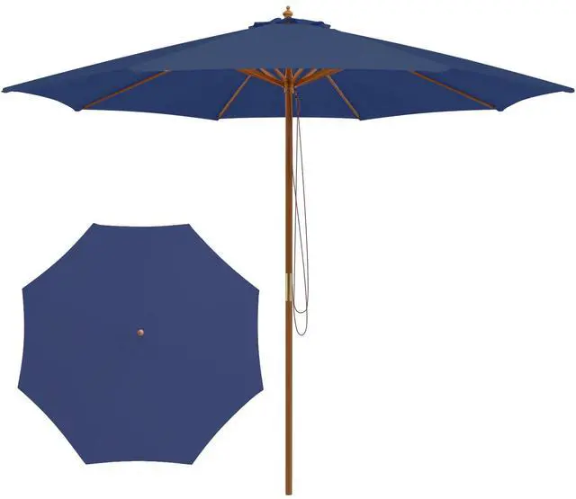 Main image of 10FT Patio Umbrella, Outdoor Table Market Umbrella w/8 Wooden Ribs, 3 Adjustable Heights, Rope Pulley System, Detachable Pole, Wooden Patio Umbrella for Garden, Poolside, Backyard (Navy)