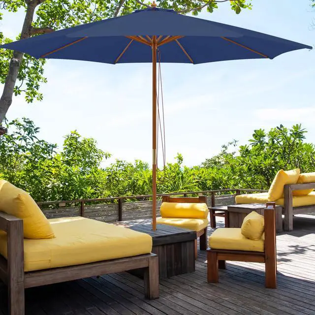 Alt view image 2 of 6 - 10FT Patio Umbrella, Outdoor Table Market Umbrella w/8 Wooden Ribs, 3 Adjustable Heights, Rope Pulley System, Detachable Pole, Wooden Patio Umbrella for Garden, Poolside, Backyard (Navy)