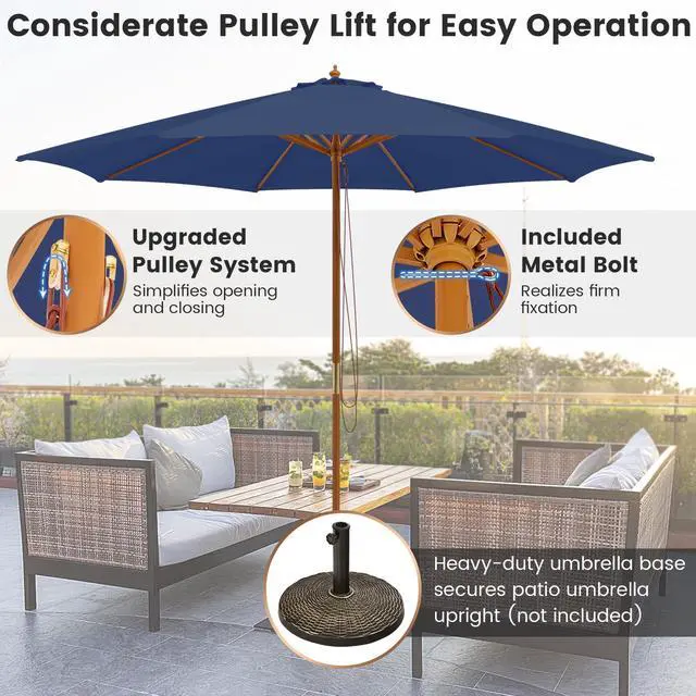 Alt view image 3 of 6 - 10FT Patio Umbrella, Outdoor Table Market Umbrella w/8 Wooden Ribs, 3 Adjustable Heights, Rope Pulley System, Detachable Pole, Wooden Patio Umbrella for Garden, Poolside, Backyard (Navy)