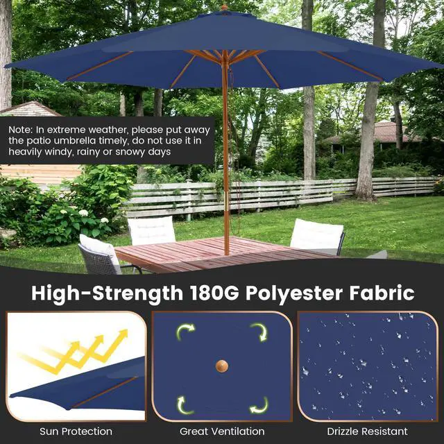 Alt view image 4 of 6 - 10FT Patio Umbrella, Outdoor Table Market Umbrella w/8 Wooden Ribs, 3 Adjustable Heights, Rope Pulley System, Detachable Pole, Wooden Patio Umbrella for Garden, Poolside, Backyard (Navy)