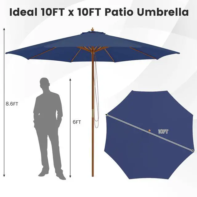 Alt view image 5 of 6 - 10FT Patio Umbrella, Outdoor Table Market Umbrella w/8 Wooden Ribs, 3 Adjustable Heights, Rope Pulley System, Detachable Pole, Wooden Patio Umbrella for Garden, Poolside, Backyard (Navy)