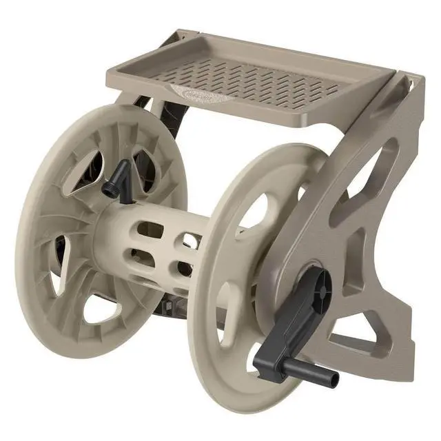 Main image of Handler Durable Hard Plastic Wall Mounted Outdoor Retractable Garden Hose Reel with Storage Tray and 200 Feet Hose Capacity, Taupe