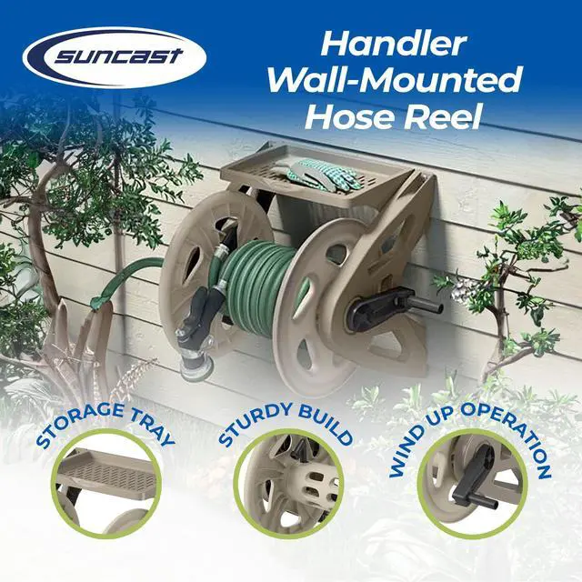 Alt view image 2 of 6 - Handler Durable Hard Plastic Wall Mounted Outdoor Retractable Garden Hose Reel with Storage Tray and 200 Feet Hose Capacity, Taupe