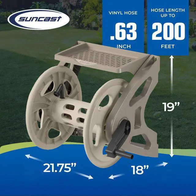Alt view image 3 of 6 - Handler Durable Hard Plastic Wall Mounted Outdoor Retractable Garden Hose Reel with Storage Tray and 200 Feet Hose Capacity, Taupe