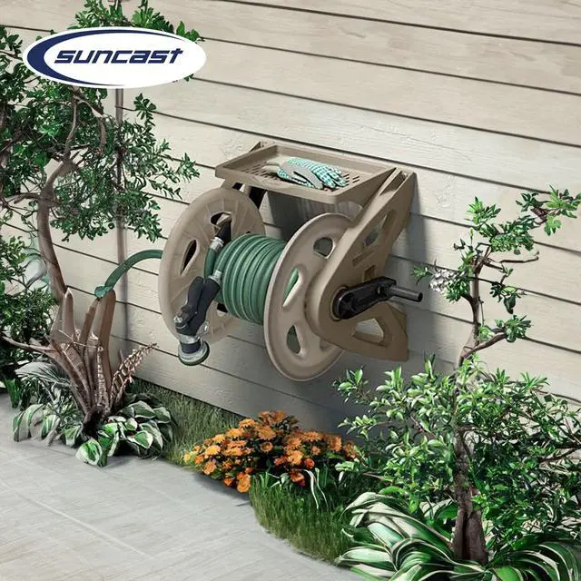 Alt view image 4 of 6 - Handler Durable Hard Plastic Wall Mounted Outdoor Retractable Garden Hose Reel with Storage Tray and 200 Feet Hose Capacity, Taupe