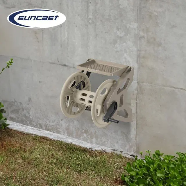 Alt view image 5 of 6 - Handler Durable Hard Plastic Wall Mounted Outdoor Retractable Garden Hose Reel with Storage Tray and 200 Feet Hose Capacity, Taupe